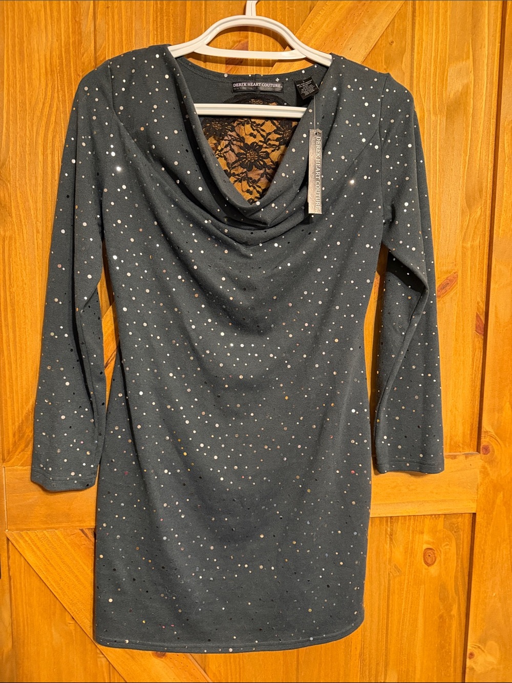 Derek Heart Charcoal Long-Sleeve Cowl Neck Dress with Metallic Dots